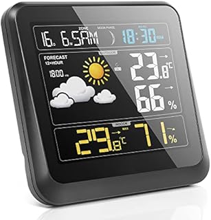 JJKPSD Weather Station with Wireless Outdoor Indoor Sensor, Digital Alarm Clock, with Alert/Barometer/Temperature Thermometer/Humidity/Moon Phase/Weather Forecast, LCD Coulor Display for Home Garden