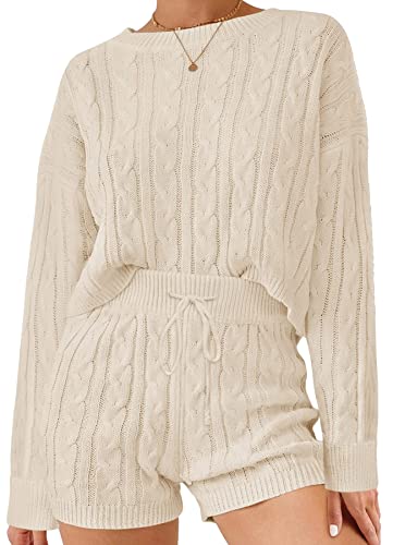 ZESICA Women's Casual 2 Piece Sweater Sets Long Sleeve Cable Knit Pullover Tops and Drawstring Shorts Sweatsuit Outfits,Apricot,Medium