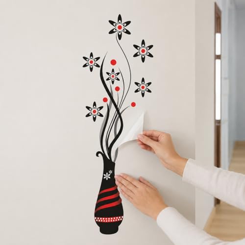 Image of DreamKraft Flower Vase Wall Sticker, 107 x 124 cm Large Black Red Floral Wall Decal for Living Room, Bedroom, Hallway and Home Decor, Peel and Stick Decorative Wall Sticker