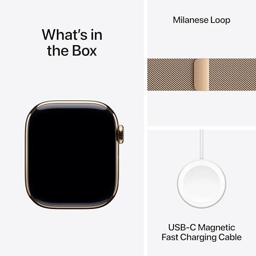 Image of Apple Watch Series 10 [GPS + Cellular 42 mm] Smartwatch with Gold Titanium Case with Gold Milanese Loop. Fitness Tracker, ECG App, Always-On Retina Display, Carbon Neutral