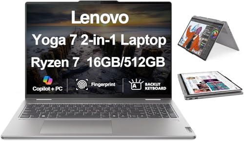 Image of Lenovo Yoga 7 Copilot + 2-in-1 Laptop 16.0" Touchscreen IPS WUXGA Display (AMD Ryzen 7 8840HS, 16GB LPDDR5X, 512GB SSD, Backlit KB, Fingerprint, WiFi 6E, Webcam, Bluetooth 5.3, Win 11 Home)