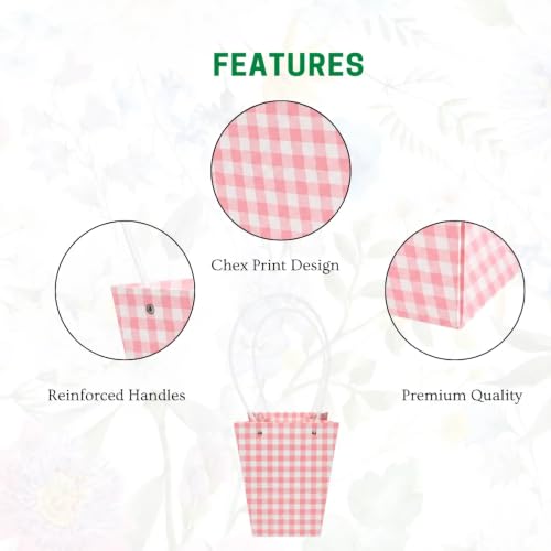 Image of Oasis Luxury Gift Bouquet Bag - Pink Conical Chex Printed Kraft Paper Bag with Handle - Waterproof Floral Packaging for Fresh Bouquets - Ideal for Weddings, Events, and Gifts - 5757 (P-10)