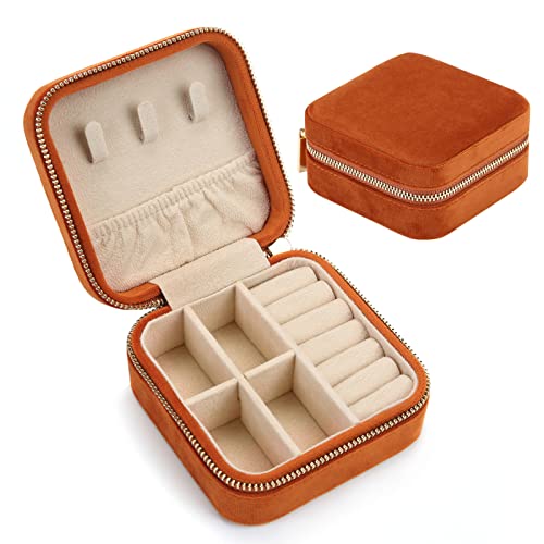 Image of Plush Velvet Travel Jewelry Case Organizer, Small Portable Display Storage Box For Rings, Earrings, Necklaces, Gift for Mother Mom, Girl, Daughter, Sisters, Bridesmaids, Mother's Day Gift (Caramel)