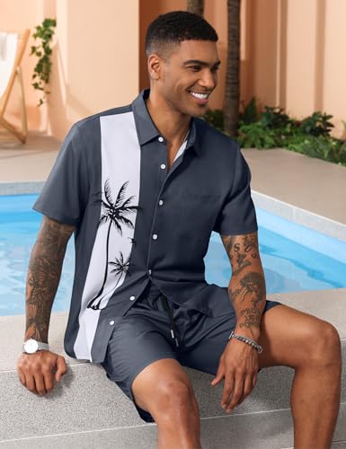 LecGee Men's Hawaiian Shirts Sets Button Down Coconut Tree Hawaiian Shirt Shorts 2 Piece Hawaiian Outfits4