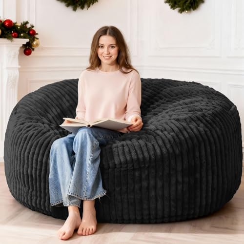 Image of HABUTWAY 6FT Bean Bag Chair, 6' Large Bean Bag Chairs for Adults with Removable Stripe Plush Cover, Memory Foam Beanbag Chair for Living Room Bedroom Dorm,Black