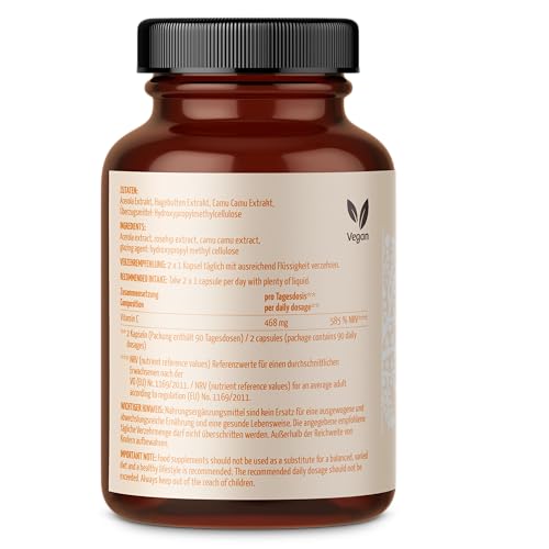 Vitamin C 180 Kapseln | natürliches Vitamin C aus Acerola-Hagebutte & Camu Camu Extrakten | hochdosiert 234 mg natürliches Vitamin-C | 100% Vegan | frei von unerwünschten Zusatzstoffen | vom Achterhof