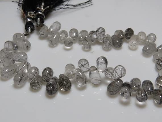 Quartz rutilé noir perles gouttes lisses LKBEADS pour création bijoux 8 pouces