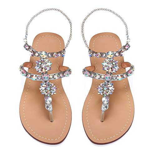azmodo Women Bedazzled Bling Rhinestones Chains Thong Boho Beach Flat Bridal Crystal Gems Gladiator Summer Jewel Sandals for Wedding (US 8, Silver)