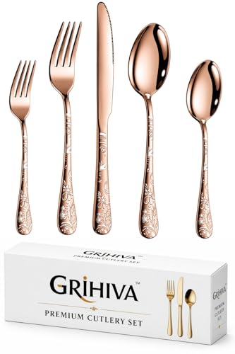 Image of 5 Pcs Rosegold Floaral Stainless Steel Cutlery Set for Dining Table with Spoon and Fork Set & Butterknife - The Perfect Tableware /Flatware