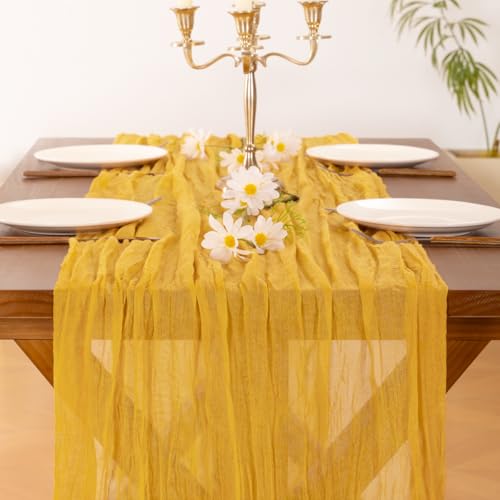 Image of Socomi 2pcs Gold Yellow Easter Spring Cheesecloth Table Runner Boho Rustic Gauze 120 inch 10FT Cheese Cloth Runner for Wedding Party Baby Shower Birthday Home Decor Holiday Decorations