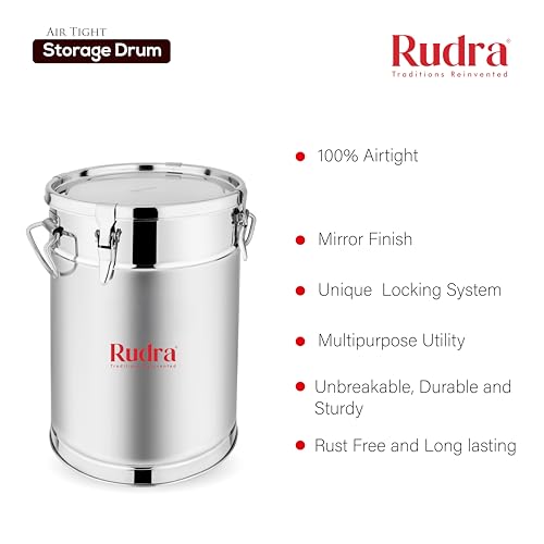 Image of Rudra Stainless Steel Air Tight Container /Drum /Box for Kitchen Storage | Kothi | Rice | Flour Atta Big Dabba With Handle | (5, Cylinder, 1, RU3014)