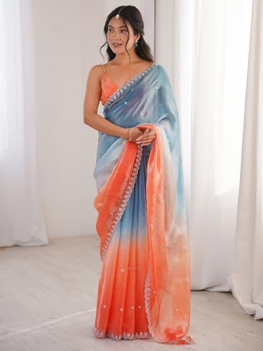 Image of AKHILAM Women's Shimmer Satin Sequence Embroidery Saree With Unstitched Blouse Piece(AARYAN21701 KR Parent)