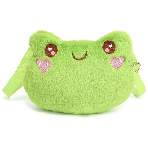 Image of Cute Frog Crossbody Bag for Women - Kawaii Fluffy Purse Small Novelty Purse Stuffed Animal Bag with Adjustable Strap (Green) | Soft Cotton Blend
