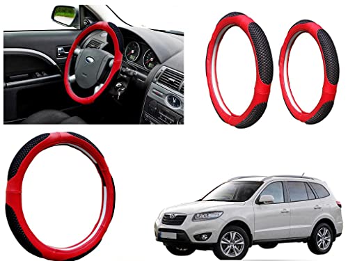 Image of Microfiber Car Steering Wheel Cover, Soft Padding Great Hand Feel, Anti-Slip, Faux Leather Steering Cover for Hyundai Terracan | Black Red Jali - Pack of 1