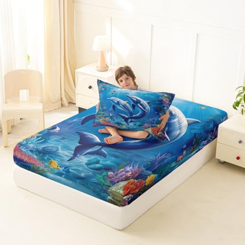 Image of jejeloiu Dolphin Bed Sheets Set Twin Size Cute Ocean Animal Bed Set Jumping Dolphins Deep Pocket Fitted Sheet Blue Ocean Marine Themed Breathable Soft Lightweight Microfiber