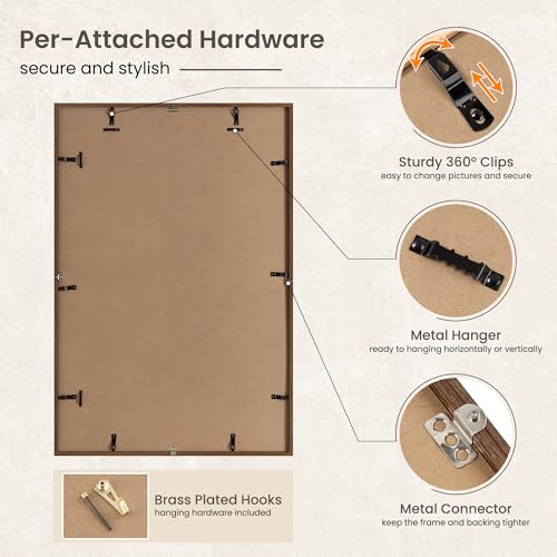 Image of FLYJOE 24x36 Oak Wood Picture Frame with Mat for 20x30, 24 by 36 USA-Sourced Natural Solid Wooden Poster Frame for Wall Display, Tempered Real Glass, Hanging Hardware Included, Walnut Color