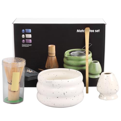 4Pcs Matcha Whisk Set Matcha Bowl Kit Elegant Japanese Matcha Kit with Ceramic Bowl Bamboo Whisk Scoop and Tea Scoop Stand for Tea Lovers Beginners (White)