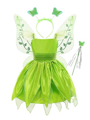 Manyakai Disfraz de Hada Madrina Elfa para Niña Disfraz Campanilla de Hada Verde con Alas de Mariposa Varita Mágica para Cosplay 2 10 Años A Verde 5 6 años