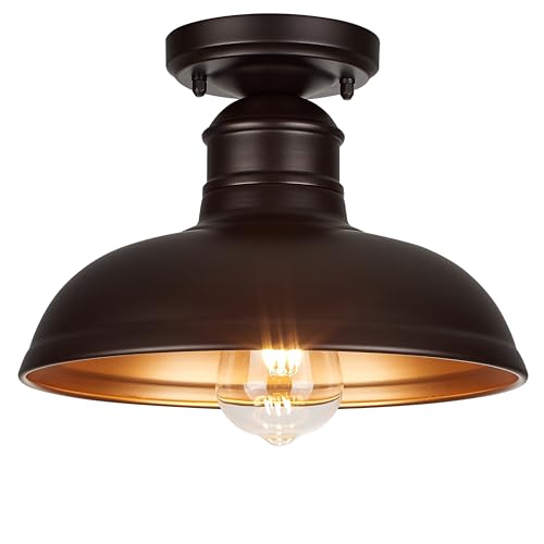 Image of GOLDHILL 10 inch Semi Flush Mount Ceiling Light, Oil Rubbed Bronze Industrial Barn Shade with Gold Interior, 1-Light Bowl Fixture for Kitchen Island, Hallway and Covered Porch