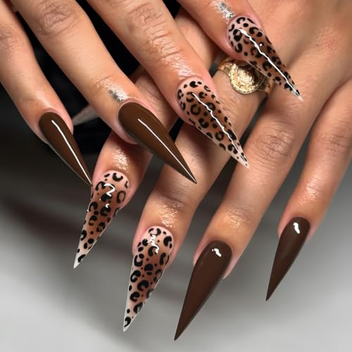 Brown Leopard Print Press on Nails Long Stiletto Fake Nails Fall Nails