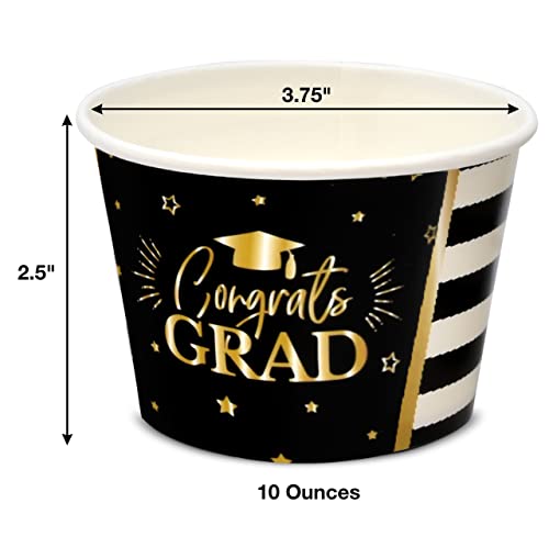 48 Count Graduation Treat Snack Cups Congrats Grad Disposable Paper Cup Dessert Ice Cream Bowls Black White & Gold Cap And Stars Design For Frozen Treats Cupcakes Graduate Party Favor Supplies Decor #TOP1