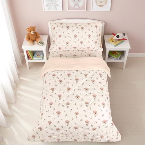 Image of SWESEN Toddler Bedding Set for Boys, Blue Space Toddler Boy Bedding Set, Soft & Lightweight 4 Piece Toddler Comforter Sets Include Comforter, Flat Sheet, Fitted Sheet, Pillowcase, Floral