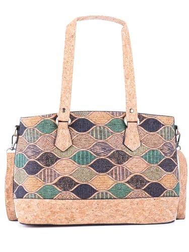 Floral Cork Handbag with Shoulder Strap, 15W x 8.5H inches, Vintage Style, Natural Cork and Cotton Blend
