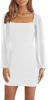 Cicy Bell Women's Mesh Long Sleeve Square Neck Ruched Party Club Cocktail Bodycon Mini Dress