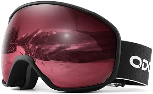 Odoland Snow Ski Goggles S2 Double Lens Anti-Fog OTG Windproof UV400 Eyewear for Men, Women and Youth-Skiing Snowboarding, Black Frame Rose Lens vlt 11%