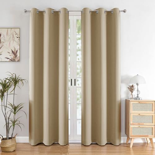 HOMEMONDE Solid Blackout Curtains 7 Feet Long Set of 2 - Thermal Insulated Curtains for Door, 70% Room Darkening Drapes for Living Room, Bedroom, 84 Inches, (Beige, 213.36 x 118 CM)