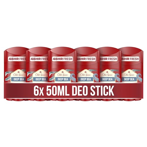 Old Spice Deep Sea Deodorant Stick for Men 6 x 50 ml 24/7 Freshness with Daily Use Long-Lasting Fragrance in Perfume Quality Protection Against Odours No Aluminium Salts Invisible on Black and