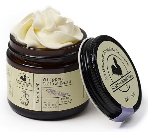Hearth and Homestead: Handmade Whipped Tallow Balm, Organic, Moisturizer, Body Butter with Infused Olive Oil, for Eczema, Rosacea, Baby (Lavender)