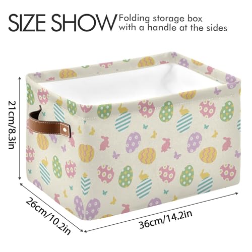Image of Easter Eggs Cute Storage Basket with Waterproof Liner and PU Handles Happy Easter Day Bunny Rabbit Butterfly Storage Bins Boxes 14.2 inch Collapsible Decorative Organizer Baskets for Bedroom Closet 1 Pack
