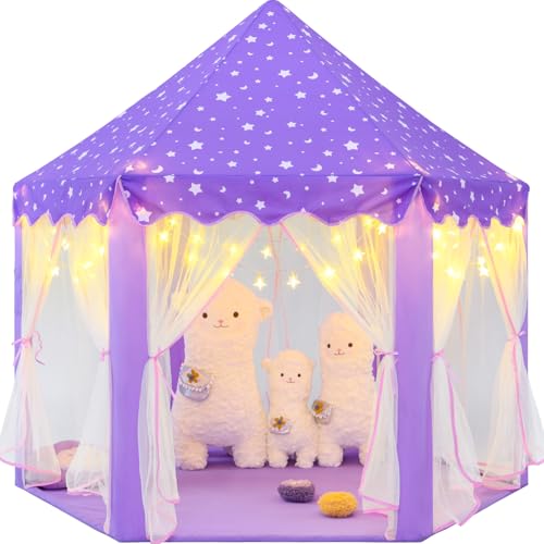CUBNBUD Princess Tent for Girls Age 4-7, Purple Princess Castle Playhouse with Star Lights, 55x53 inch