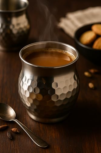 Image of STEEPLE Stainless Steel Kulhad Tea Cups 170 ml | Premium Hammered Tea & Coffee Cups | Steel Kulhad for Chai, Coffee, Milk & Juice | Drinking Cups for Home & Office (Set of 4)