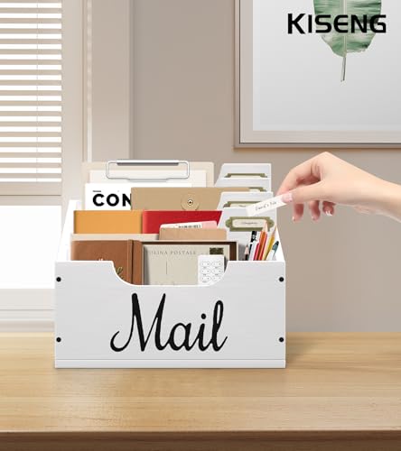 KISENG Mail Organizer Countertop, Desktop Mail Basket with 4 Slots, Wooden Mail Paper Holder, File Holders for Document Envelopes and Bills, Large Mail Holder and Classroom Mailbox for Office Home