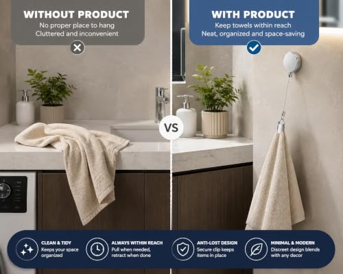 Image of Stainless Steel Retractable Towel Holder Clip with Self Adhesive Wall Mount - Punch Free Dish Cloth Hanger with 60 cm Pull Cord for Kitchen Bathroom Hand Towels, Rags & Cleaning Cloths