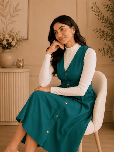 Image of WineRed Women Soild Pinafore Dress with Button