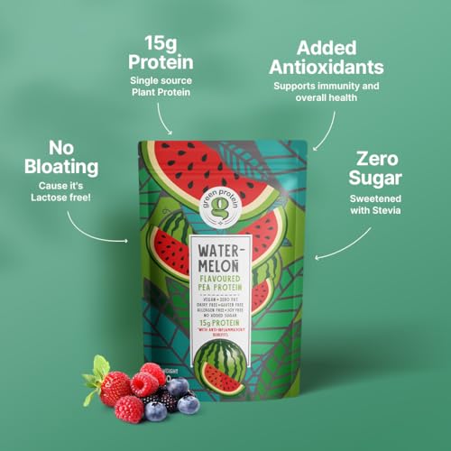 Image of GREEN PROTEIN Plant Protein Isolate Powder, Vegan Plant Protein, No Added Sugar, 100% Vegan, Soy Free, Dairy Free, Gluten Free, Allergen Free, Watermelon Flavor, 15g Protein Per Serving, Pouch (500g)