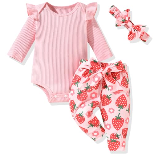 Image of Aalizzwell Preemie Newborn Infant Baby Girls Clothes Ribbed Romper Bodysuit Pants Set Fall Winter Outfits