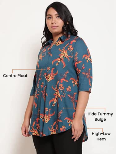 Image of AMYDUS Plus Size Women Printed Top | Centre Pleat for Tummy Flaws | Cloud Soft Fabric | Collared Neck | High-Low Hem | Complete Hip Coverage | Plus Size Tops for Women | L to 9XL