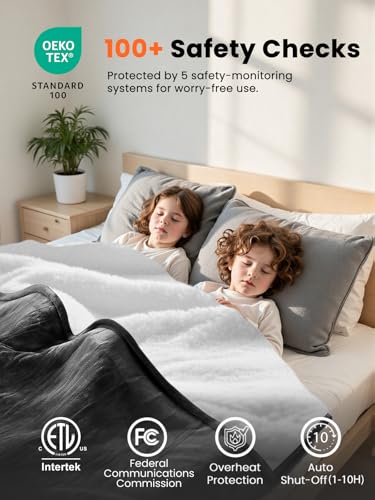 Electric Heated Blanket Queen, Ultra‑Cozy Premium Flannel & Sherpa, Even Heat Distribution & Stable Temp, 1–10H Auto‑Off, 8 Temps (86–125.6°F), Overheat Protection, Ideal Gifts for Grandma