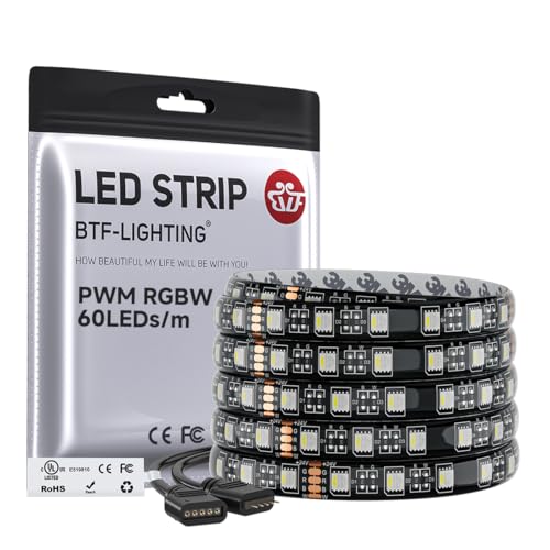 Image of BTF-LIGHTING RGBW LED Strip Cool White 16.4ft 60LED DC24V UL Listed IP65 | Black LED Tape PCB 12mm 5050 4 Colors in 1 RGB + 6000K-7000K for Home Decoration(No Adapter or Controller)