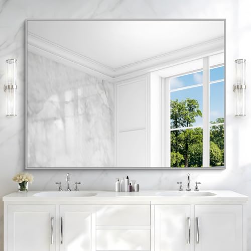 Image of COFENY Silver Bathroom Mirror, 48 inchX36 inch Rectangle Mirrors for Wall Metal Frame, Bathroom Rectangular Mirror Modern Wall Mirror for Bedroom Living Room, Hangs Horizontal or Vertical