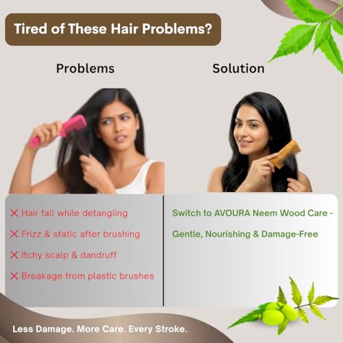 Image of Kacchi Neem Wooden Comb Set (2 Pcs), Infused with 21+ Herbs Amla, Bhringraj Oils - Up to 70% Dandruff Control | Anti-Static, Plastic-Free (Handle Comb + Dual Tooth) Ayurvedic Hairs Accessory