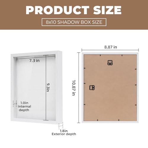 Image of Muzilife 8x10 Shadow Box Picture Frame with Linen Board - Deep Wood & Glass Display Case Ready to Hang Perfect to Display Baby & Sports Memorabilia, Pins, Awards, Medals, Tickets and Photos (White)