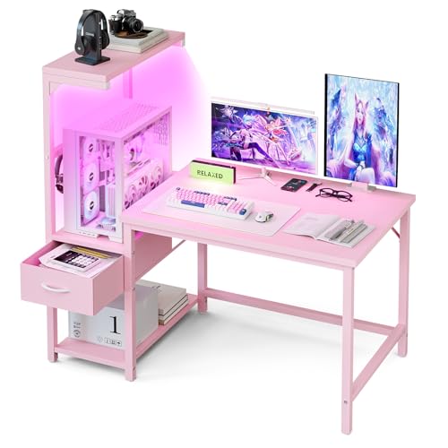 Image of Grandder Gaming Desk 104 cm with CPU Stand and LED Light, Computer Desk with Reversible Shelves and Storage Drawer, Pc Small Desk for Home Office Table with Bag, Carbon Fiber Pink