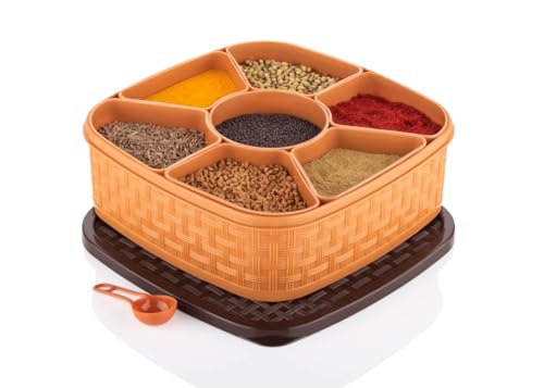 Image of Shuttle Art Multifunctional Plastic Square Shape 7 in 1 Classic Look Masala Rangoli Dabba Spice Box Set Ideal for Home and Kitchen (MULTICOLOR)