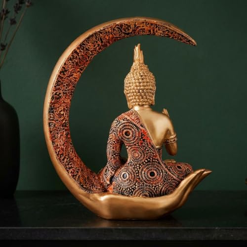 Image of Antique Big Meditating Moon Buddha Statue Showpiece for Home Decor - Living Room - House Warming - Office - Gifting - Buddha Idol Polyresin Decorative Figurine (9 Inch / 23 cm, Multicolor)
