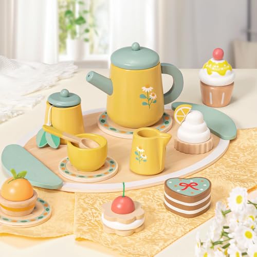 Toyssa Wooden Tea Party Set for Toddlers 3-5 Girls, Pretend Play Food Toys for Kids Kitchen Accessories with Tea Tray, Christmas Birthday Gifts for Girls 3 4 5 6 Educational Toys